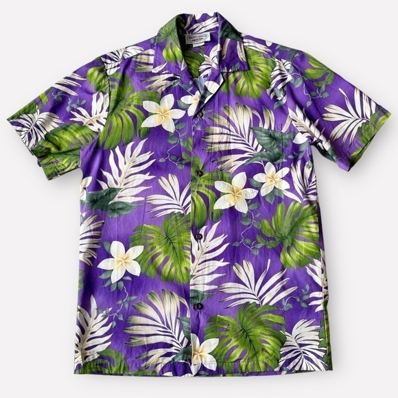 Y2K Hawaiian Shirt Button Front Shirt Floral Palm Print Purple Cotton Hawaii S - Picture 3 of 11